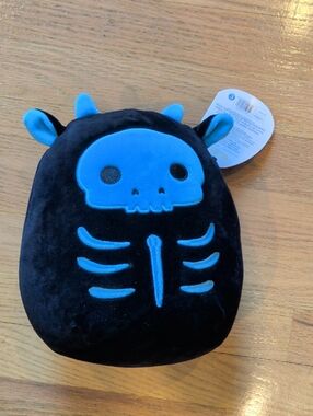 Tegan Squishmallow Black Plush with Blue Skull & Skeleton Design